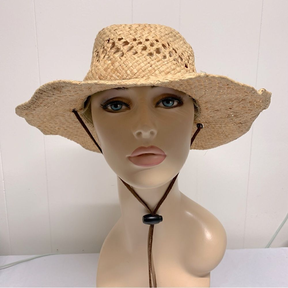 Dorfman Pacific Fefora Straw Hat Wire Brim Leather Neck Strap Unisex Sz Large